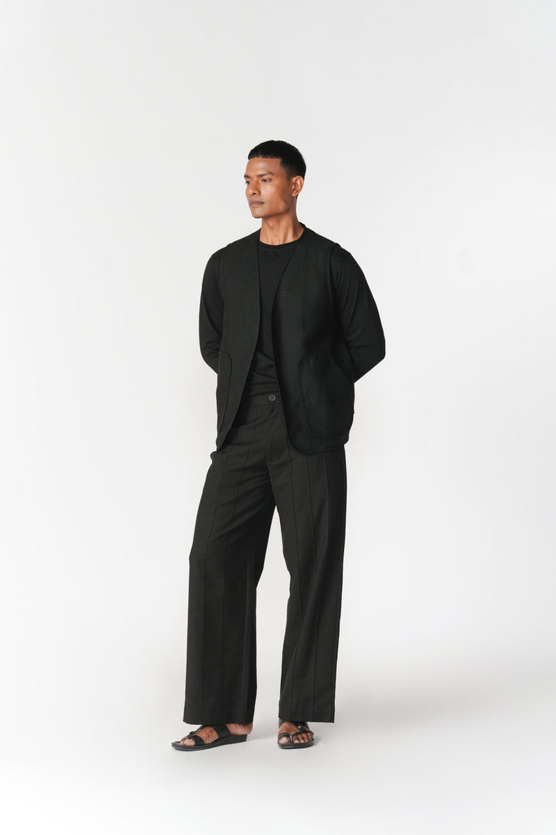 Reversible Linen-Chenille Vest jacket/overlay by Turn Black in black for men in Singapore