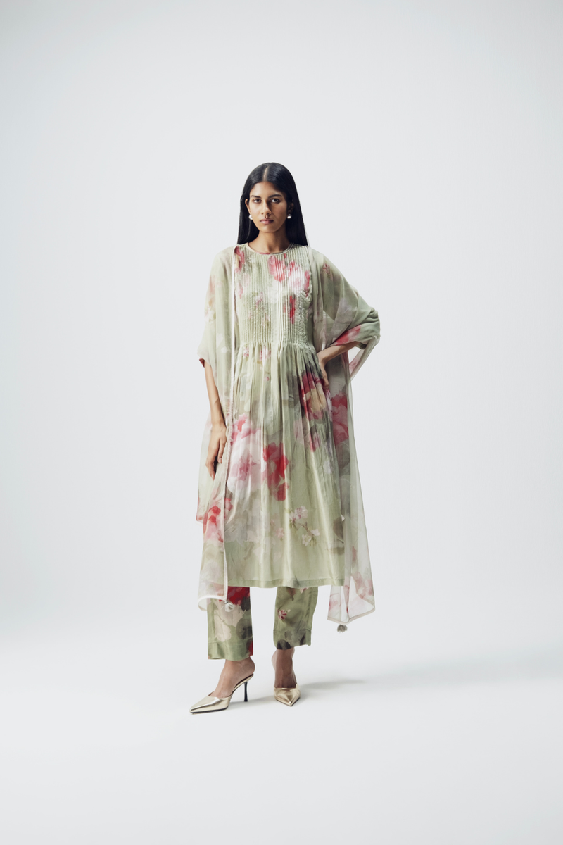 Roos Pintucks Kurta Set silk by YAM in green color for women in Singapore