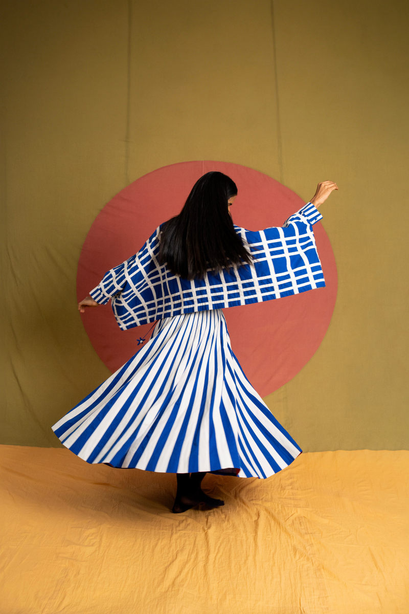 Tigress Skirt-Blue and White cotton skirt by Ka-Sha in white for women in Singapore