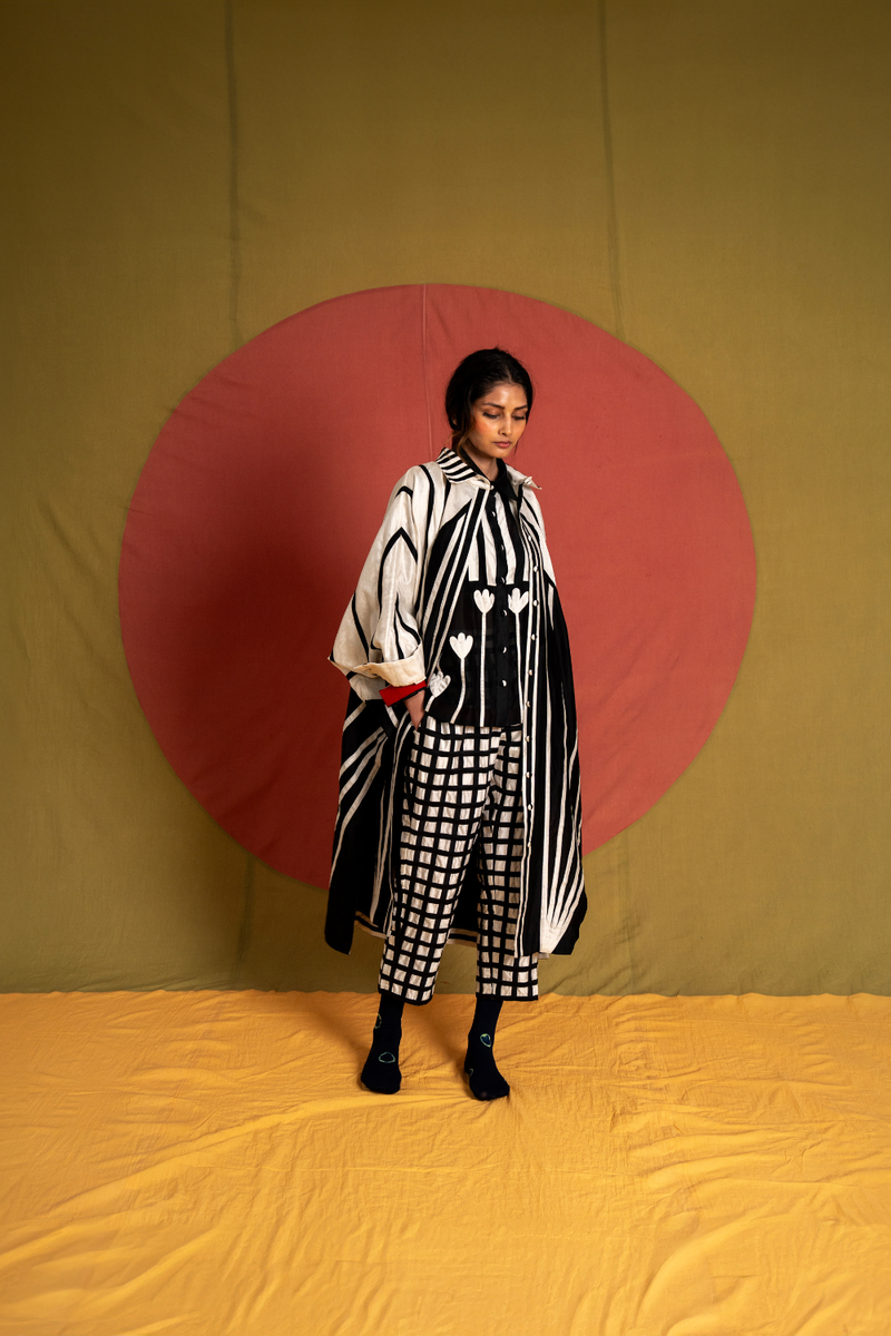 Venti Shirt Tunic-Black and White chanderi tunics/kaftan by Ka-Sha in black for women in Singapore