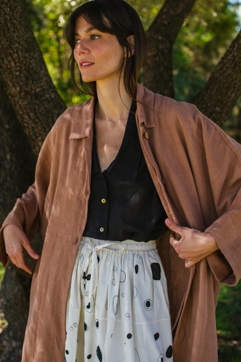 Lightweight Checkered Duster Jacket — Terracotta 100% cotton by World of Crow in beige color for women in Singapore