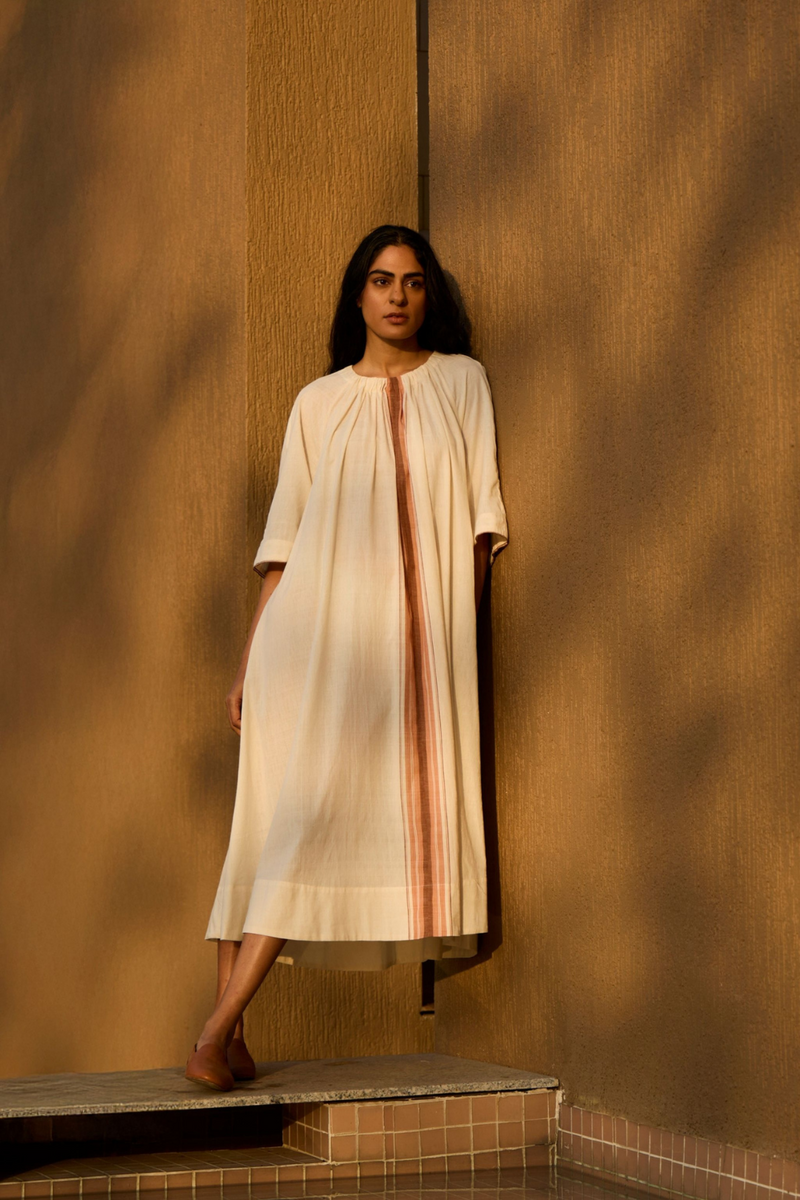 Bulan Handwoven Striped Midi Dress cotton by The Summer House in white color for women in Singapore