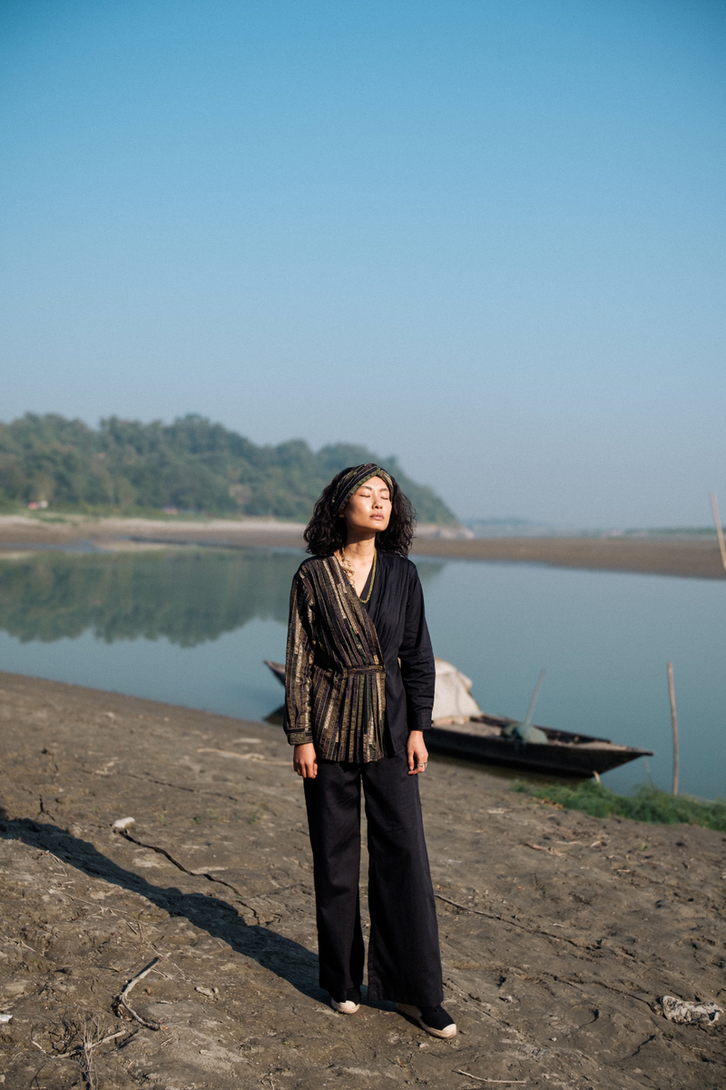 Upcycled Florence Top - Black Green cotton by The Terra Tribe in green color for women in Singapore