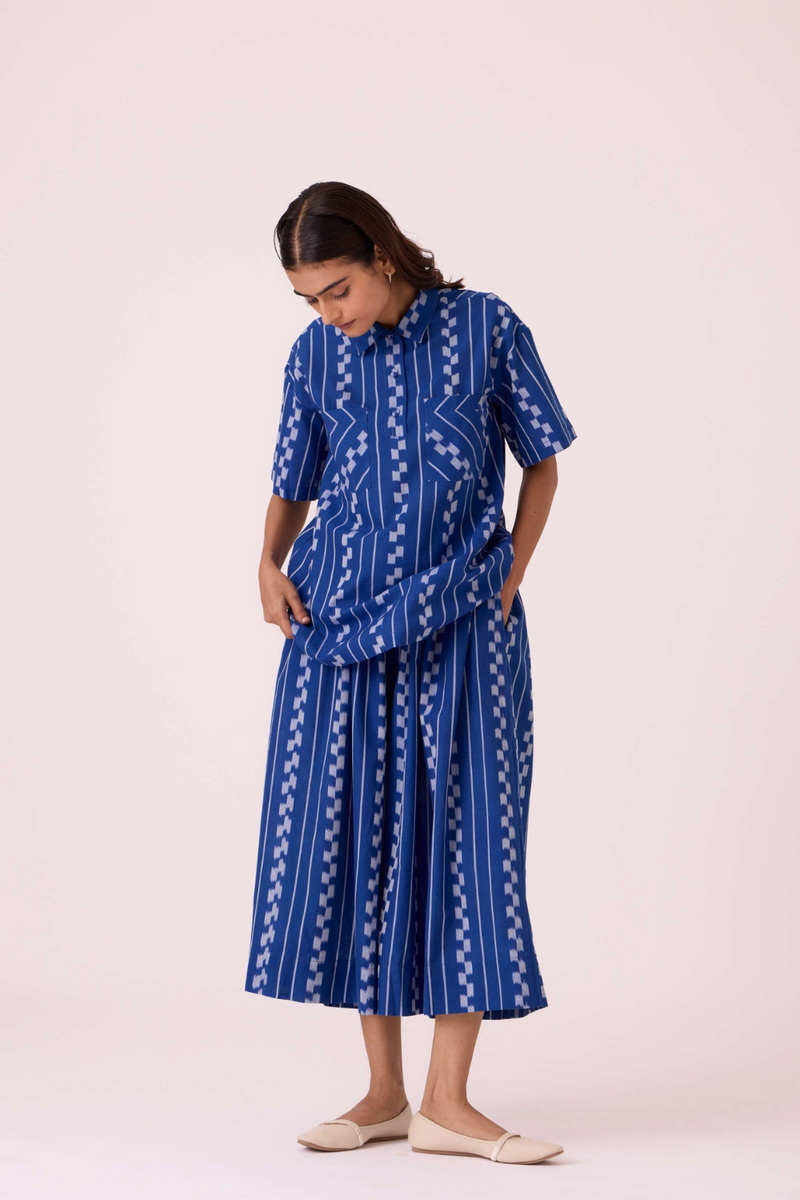 Alyosha Blue Striped Ikat Shirt cotton by The Summer House in blue color for women in Singapore