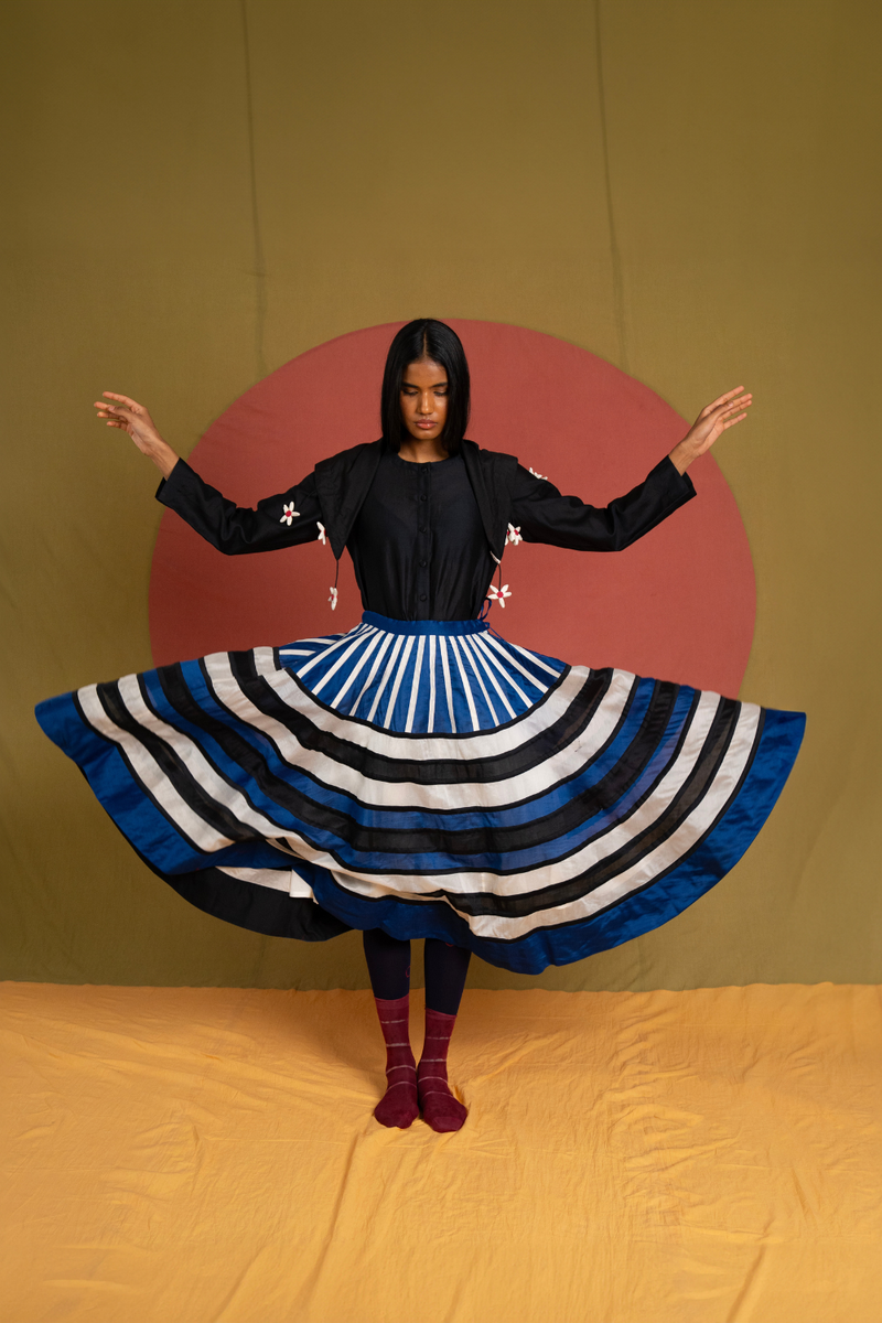 Stella Rangoli Skirt-Black, Blue and White chanderi skirt by Ka-Sha in blue for women in Singapore
