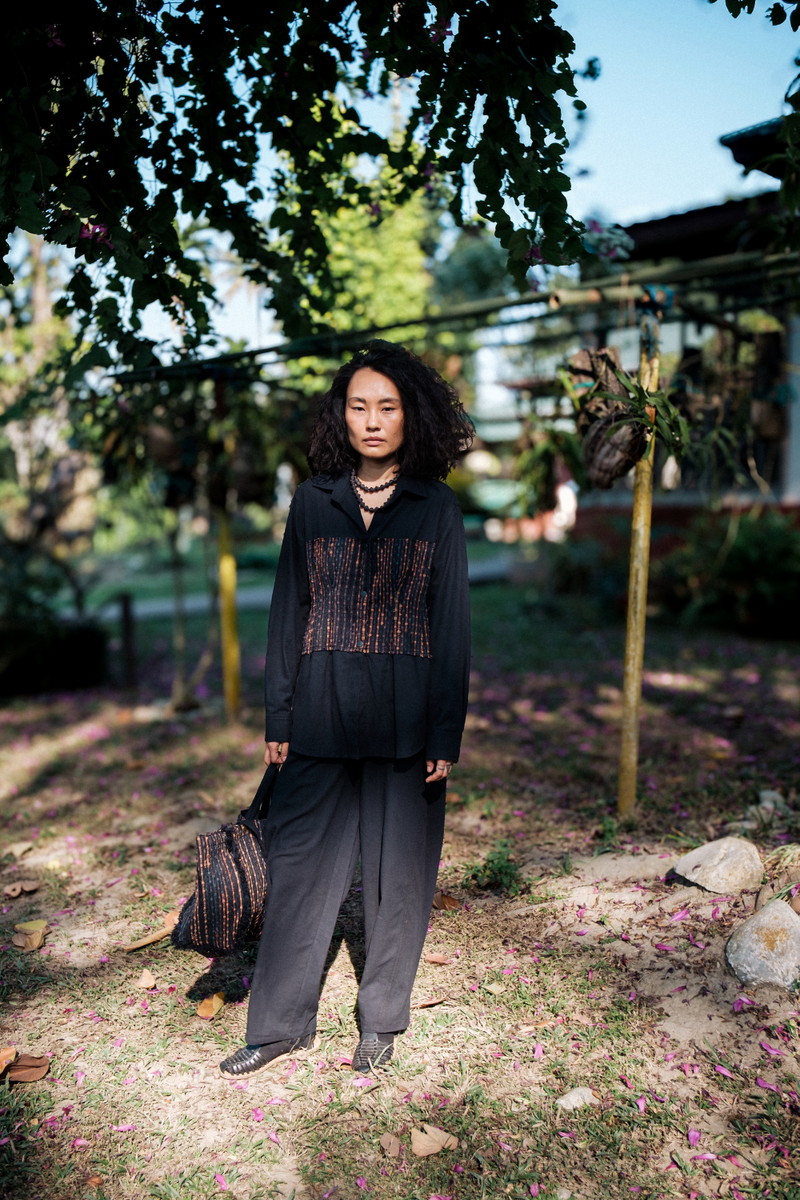 Upcycled Handwoven Hunza Shirt - Black Copper cotton by The Terra Tribe in black color for women in Singapore
