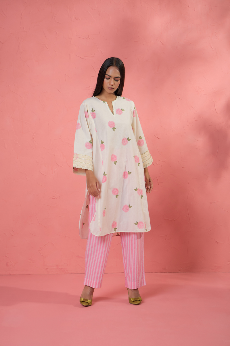 Gul Rose Set 3 cotton cambric light kurta set by AAVIDI in off white for women in Singapore