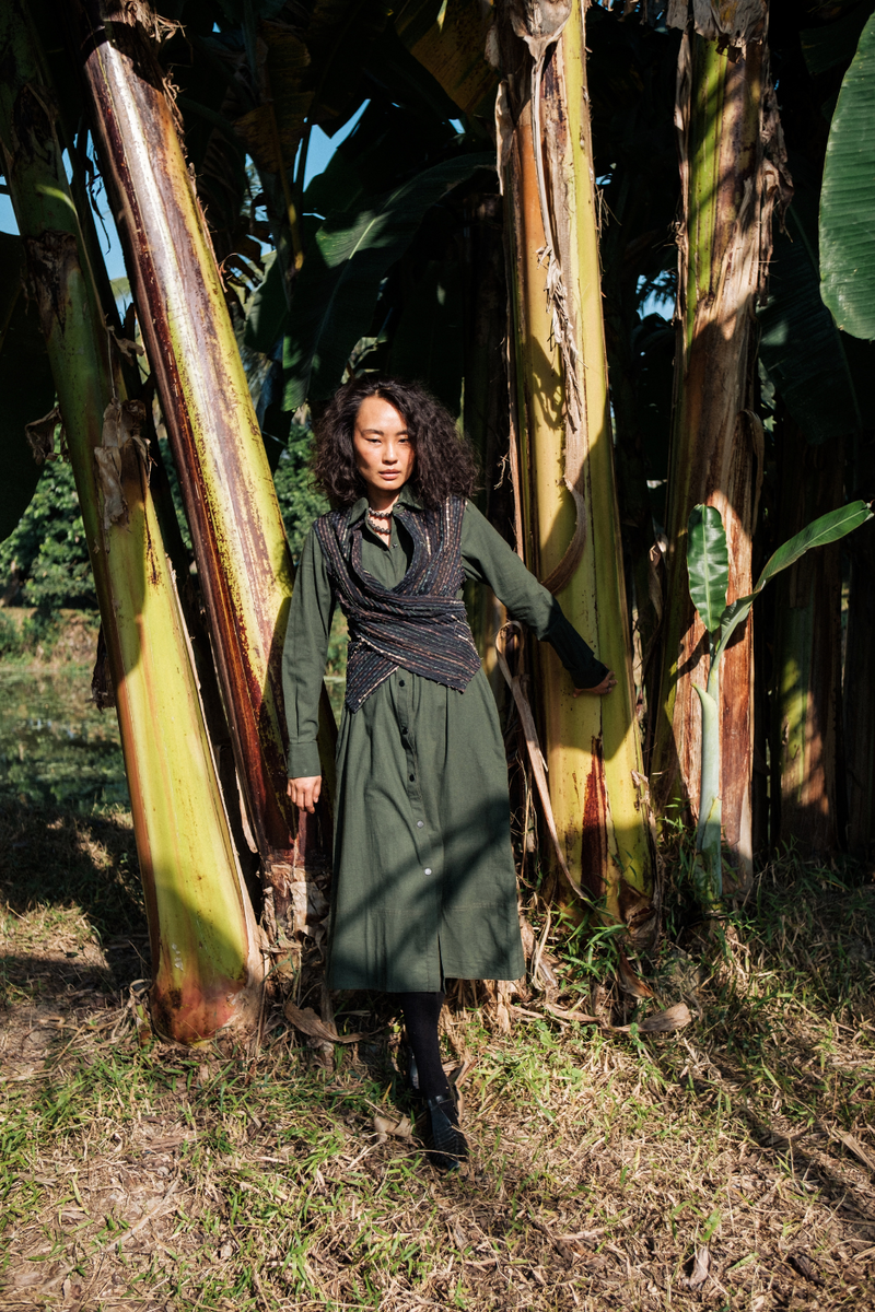 Upcycled Handwoven Seattle Wrap Calf Dress - Green cotton by The Terra Tribe in green color for women in Singapore