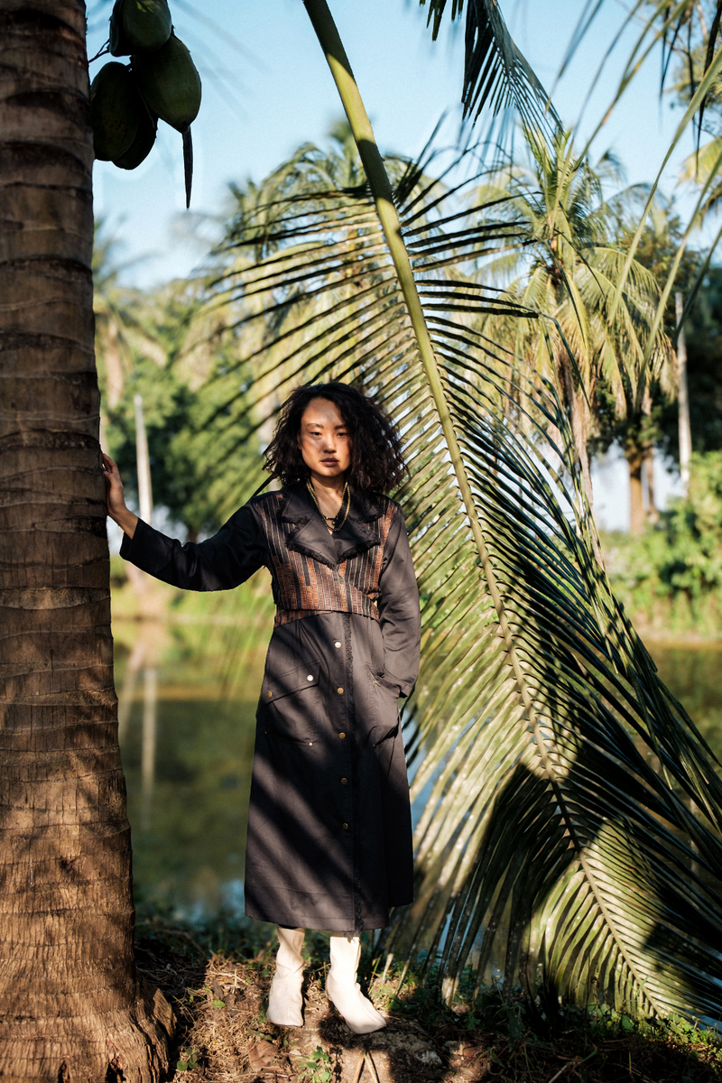 Upcycled Copenhagen Trench - Black Copper cotton by The Terra Tribe in black color for women in Singapore