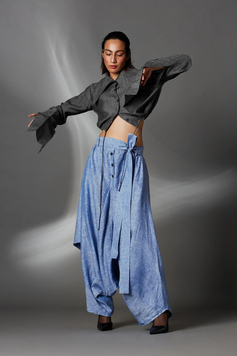 Abir Trousers in Blue-Light Blue linen by Chola in blue color for women in Singapore