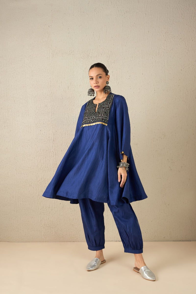 AFGHANI SILK SET - Navy Blue silk by Aavidi in yellow color for women in Singapore