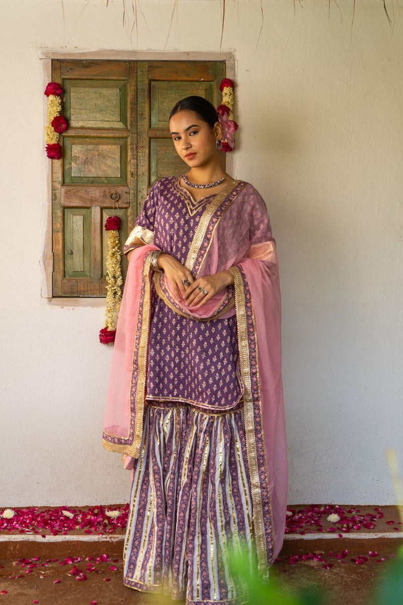Saundh purple and peach hand block printed gota sharara set cotton Buy Saundh purple and peach hand block printed gota sharara set from C&W | Kurta/Kurta Sets for Women by Maison Shefali in multi color for women in Singapore