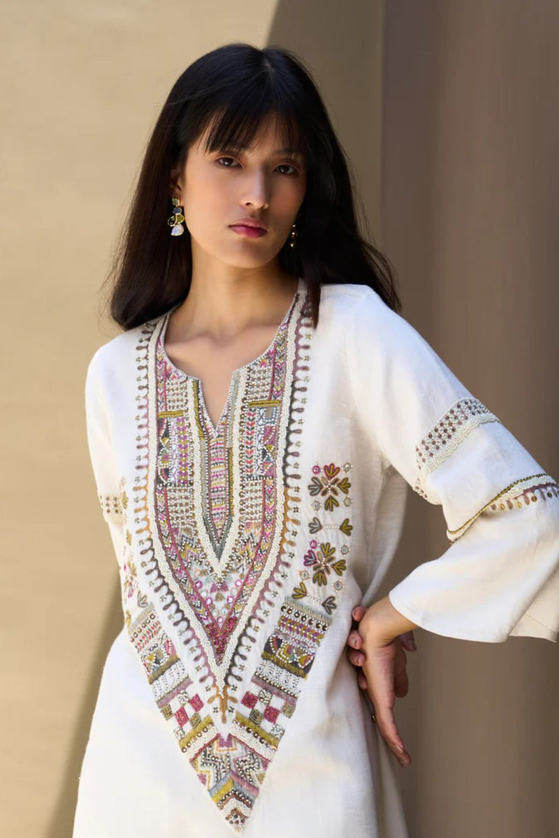 Afra Hand-Embroidered Kurta - Ivory linen by Manan in white color for women in Singapore