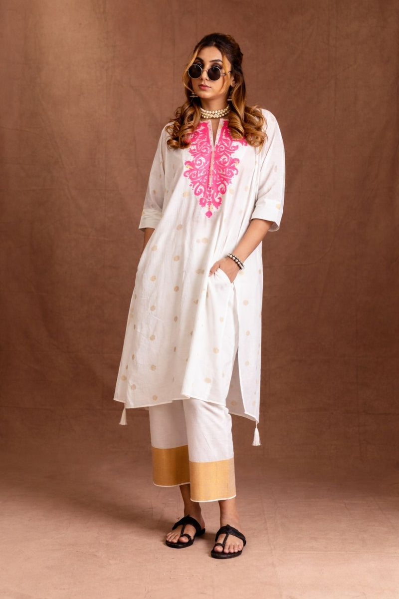 Summer Neon Kurta Set-Neckline Embroidery (neon pink) Pure Cotton Kurta Set Sabo by Sabina — Canvas & Weaves Singapore