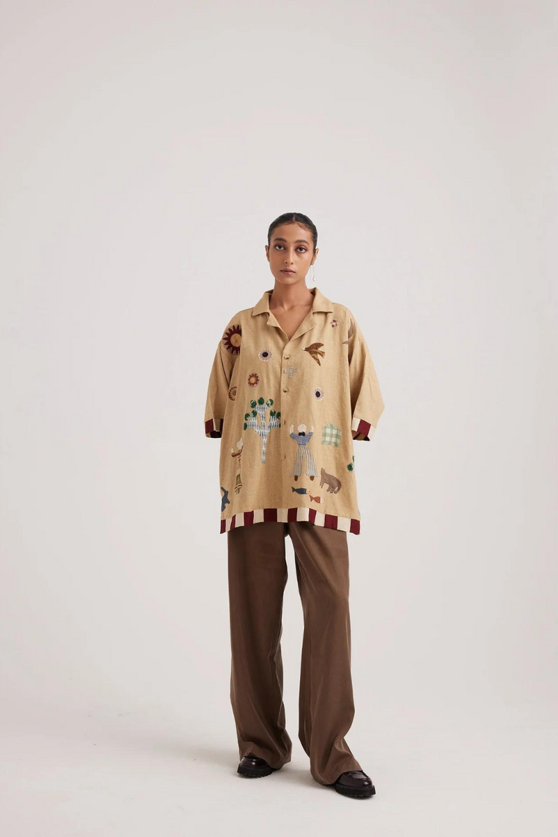 Unisex Oversized Shirt-Folk Applique-Beige linen by CORD for women in Singapore