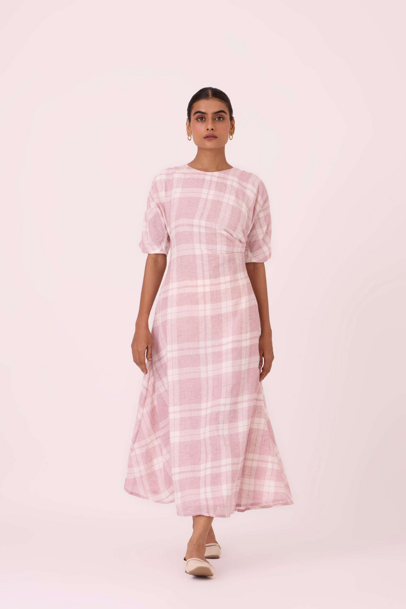 Pine Checkered Handwoven Dress cotton by The Summer House in white color for women in Singapore