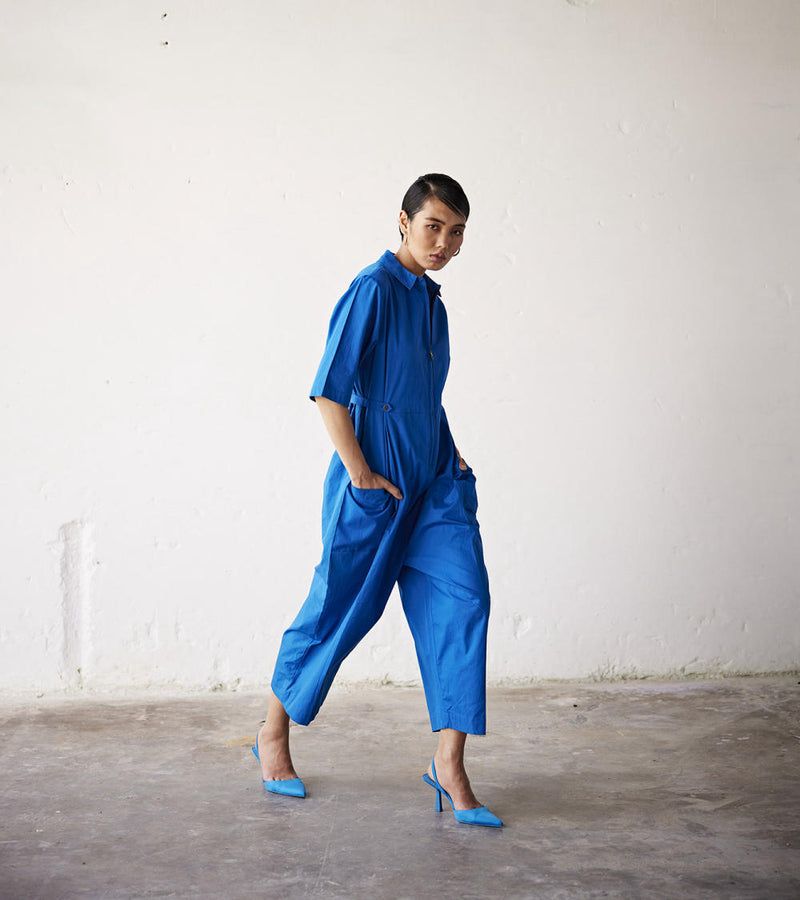 Summer Nights Jumpsuit poplin Jumpsuits by Khara Kapas in blue for women in Singapore