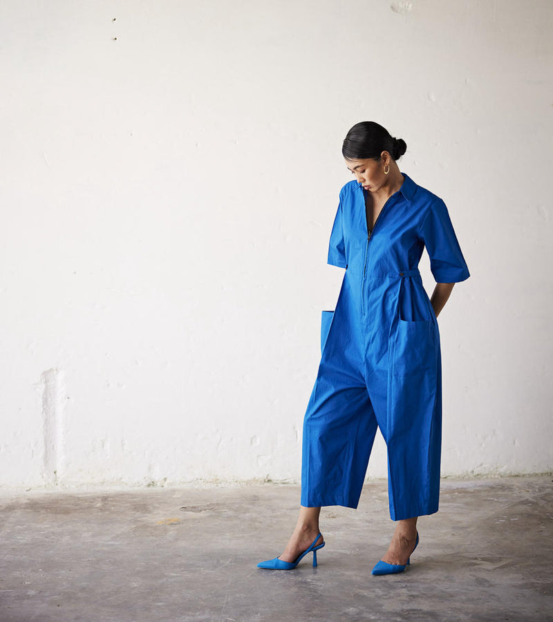 Summer Nights Jumpsuit poplin Jumpsuits by Khara Kapas in blue for women in Singapore