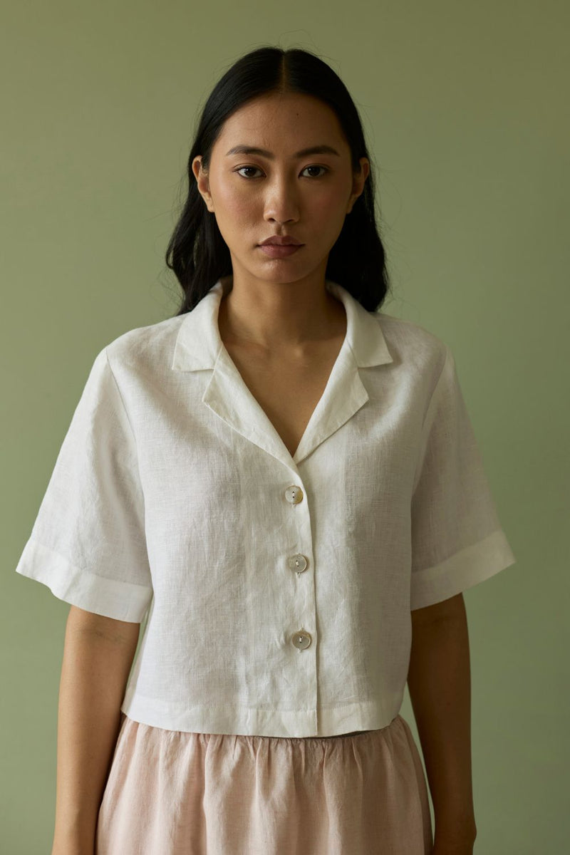 Kiera Cuban Collar Linen Shirt-Ivory linen by Manan in ivory color for women in Singapore