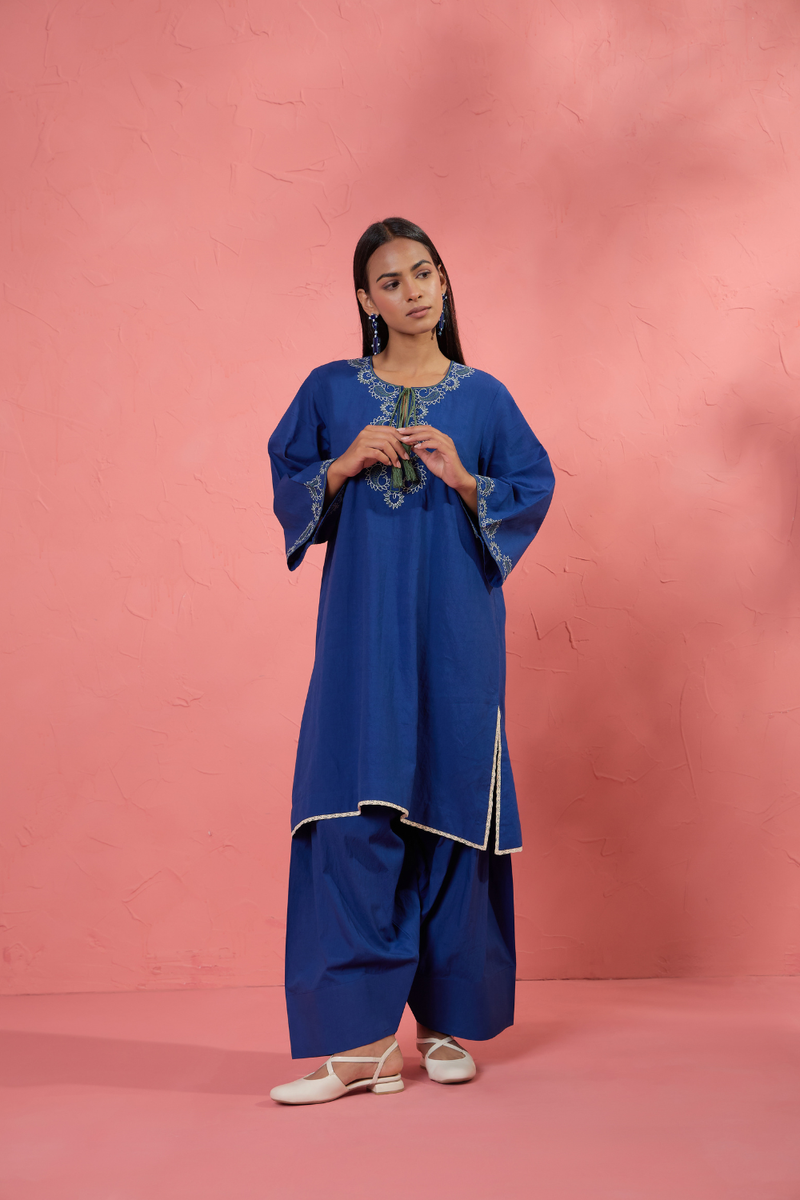 Fi Rose Set 3 cotton cambric light kurta set by AAVIDI in blue for women in Singapore