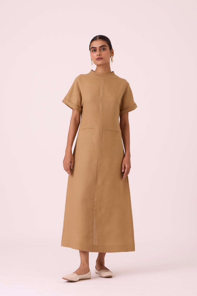 Salome Tan Linen Dress linen by The Summer House in olive color for women in Singapore