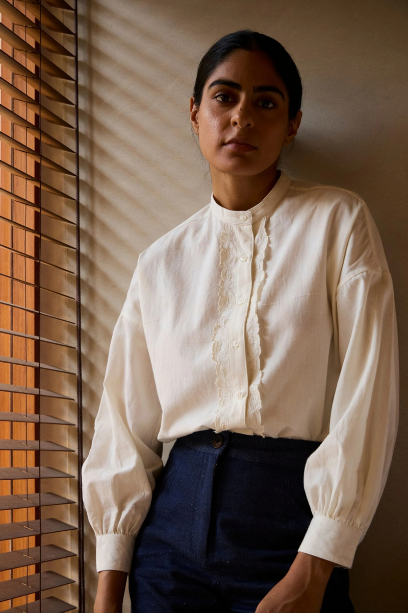 Ryuk Handwoven Embroidered Shirt cotton by The Summer House in white color for women in Singapore