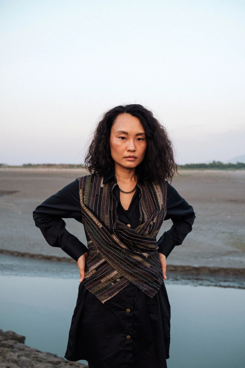 Upcycled Handwoven Seattle Wrap Calf Dress - Black Green cotton by The Terra Tribe in green color for women in Singapore