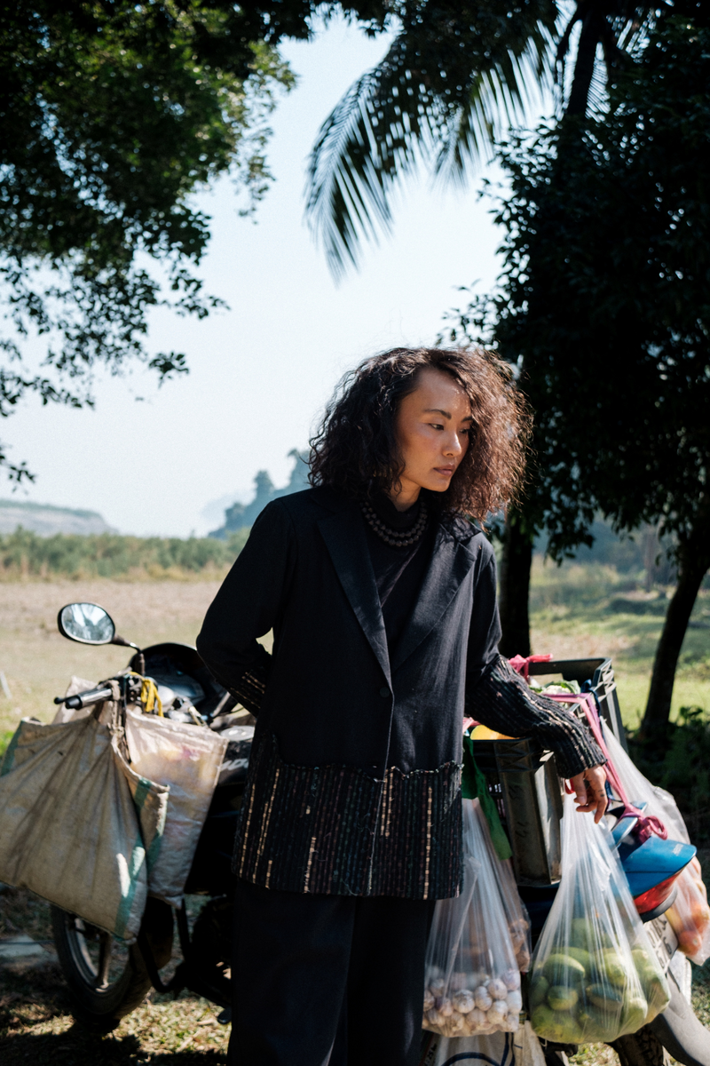 Upcycled Handwoven Ying Yang Blazer - Black Green cotton by The Terra Tribe in green color for women in Singapore