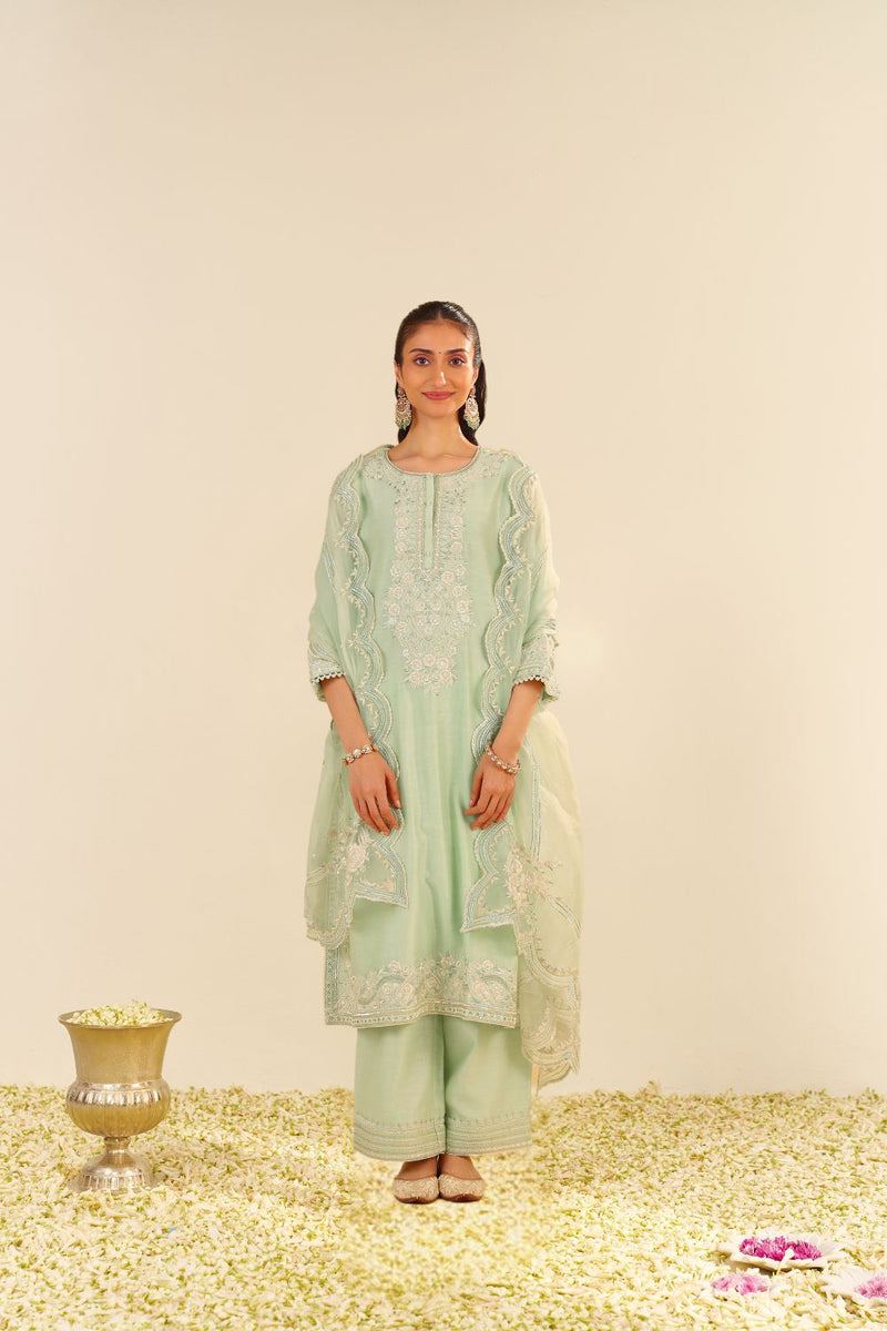 Sereen - A-Line Kurta With Palazzo And Dupatta-Mint Green silk by SHEETAL BATRA in mint color for women in Singapore