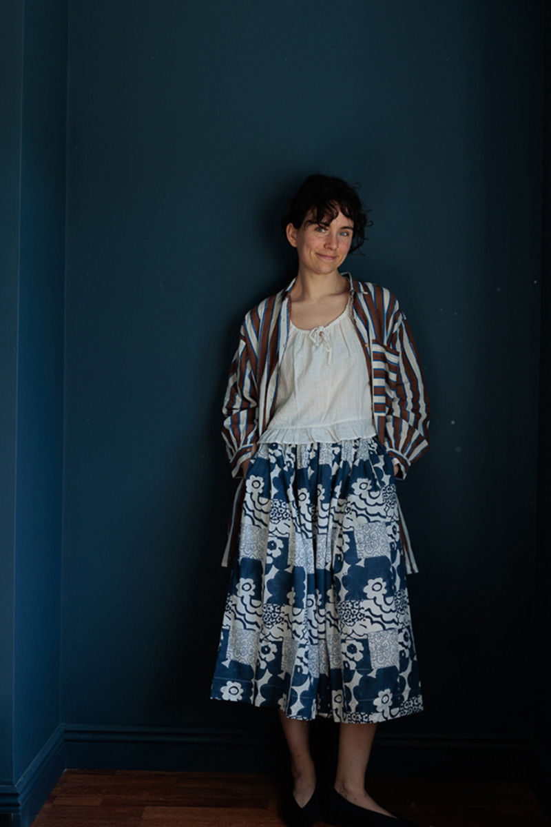 Oxford Skirt-Floral Blue handwoven cotton skirt by World of Crow in multicolor for women in Singapore