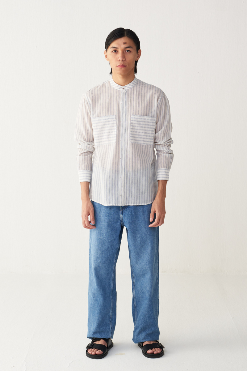 BAND COLLAR SHIRT cotton by THREE Men in blue color for men in Singapore