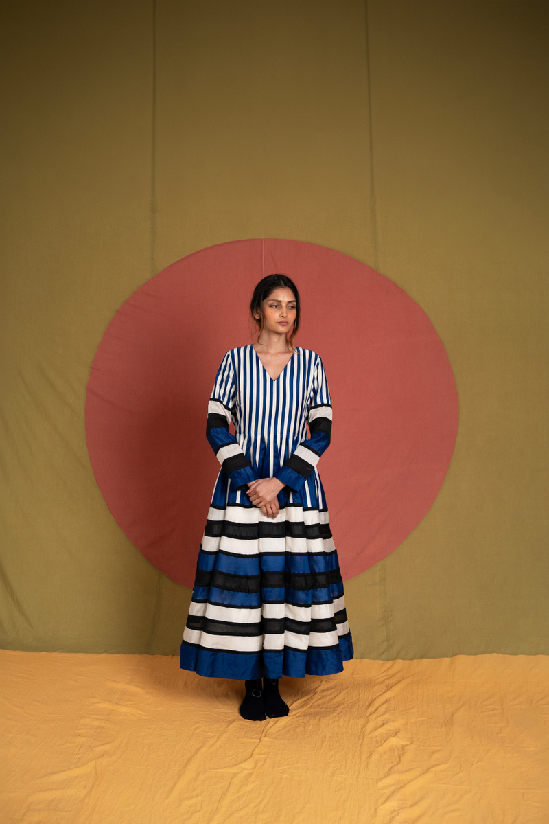 Rango Dress-Black Blue and White chanderi dress by Ka-Sha in blue for women in Singapore