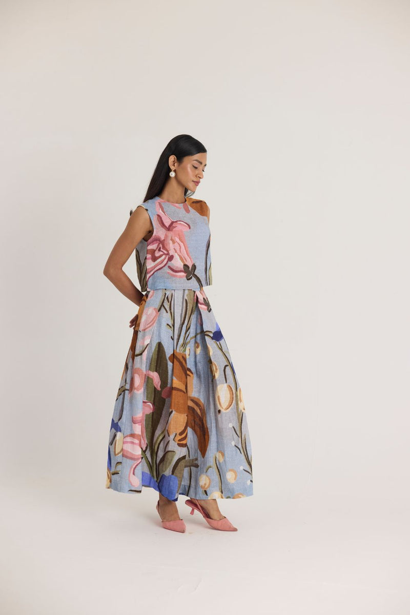 NICO LINEN TOP & SKIRT SET linen by Yam in blue color for women in Singapore