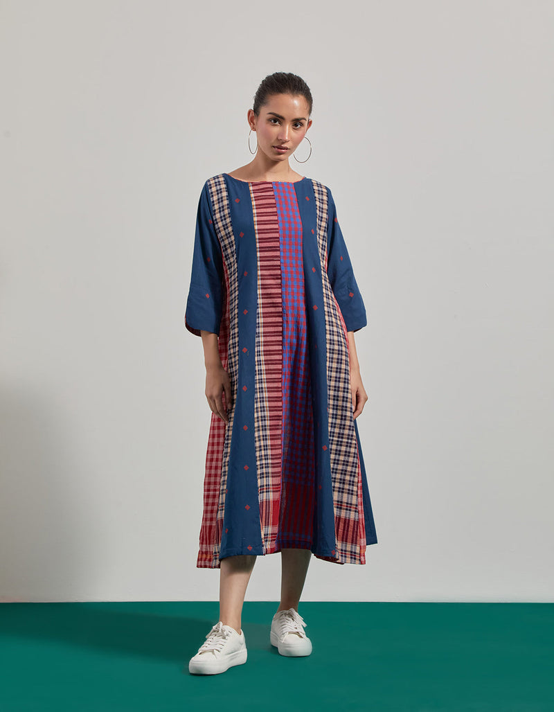 Deep Sea 16 Panelled Dress cotton,gamcha dress by 145 East in blue for women in Singapore