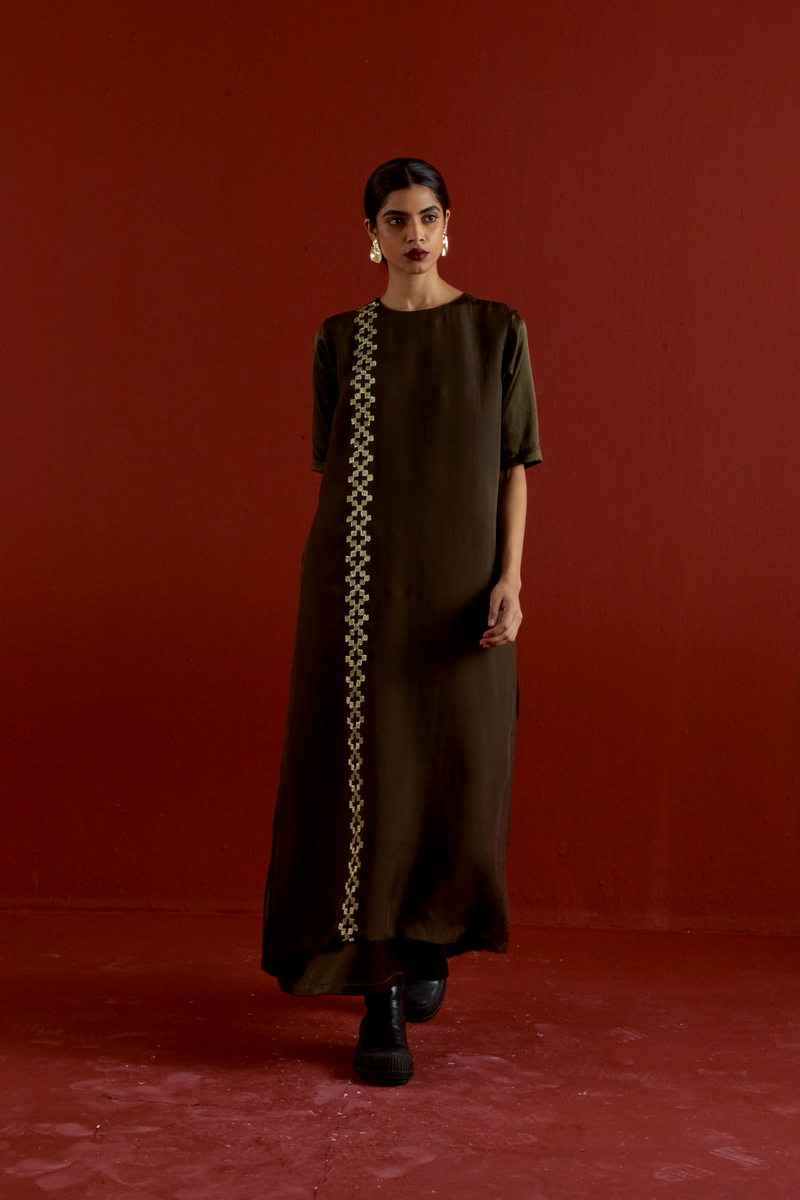 GOTA PATTI DETAIL DOUBLE LAYER DRESS-DARK OLIVE satin by THREE in olive color for women in Singapore
