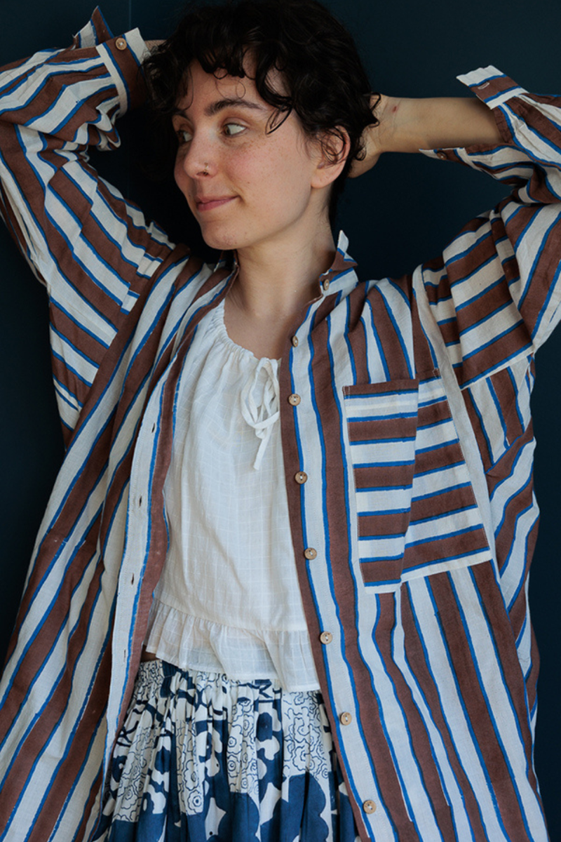 Artist Smock-Brown stripes handwoven cotton top/shirt by World of Crow in multicolor for women in Singapore