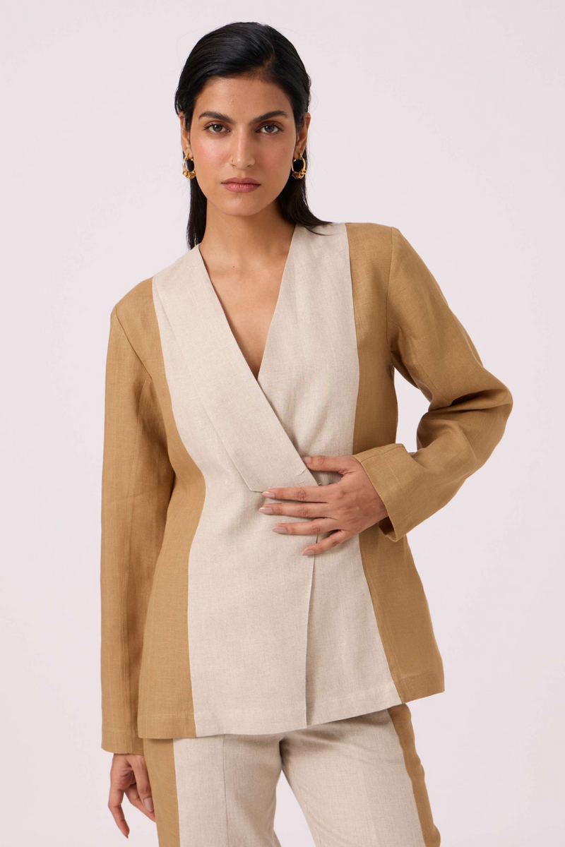 Dimtri Linen Panelled Jacket linen by The Summer House in beige color for women in Singapore