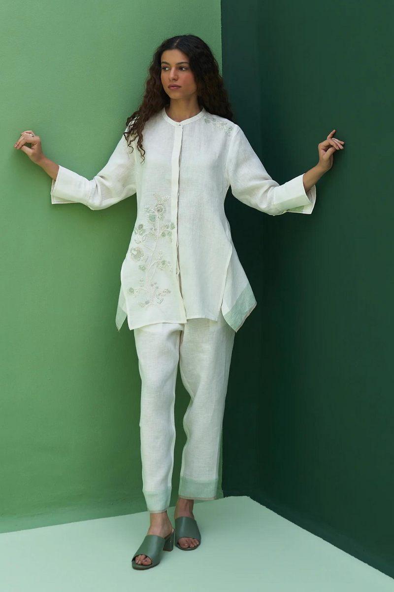 Noi Hand-Embroidered Linen Co-ord Set - Ivory linen by Manan in ivory color for women in Singapore