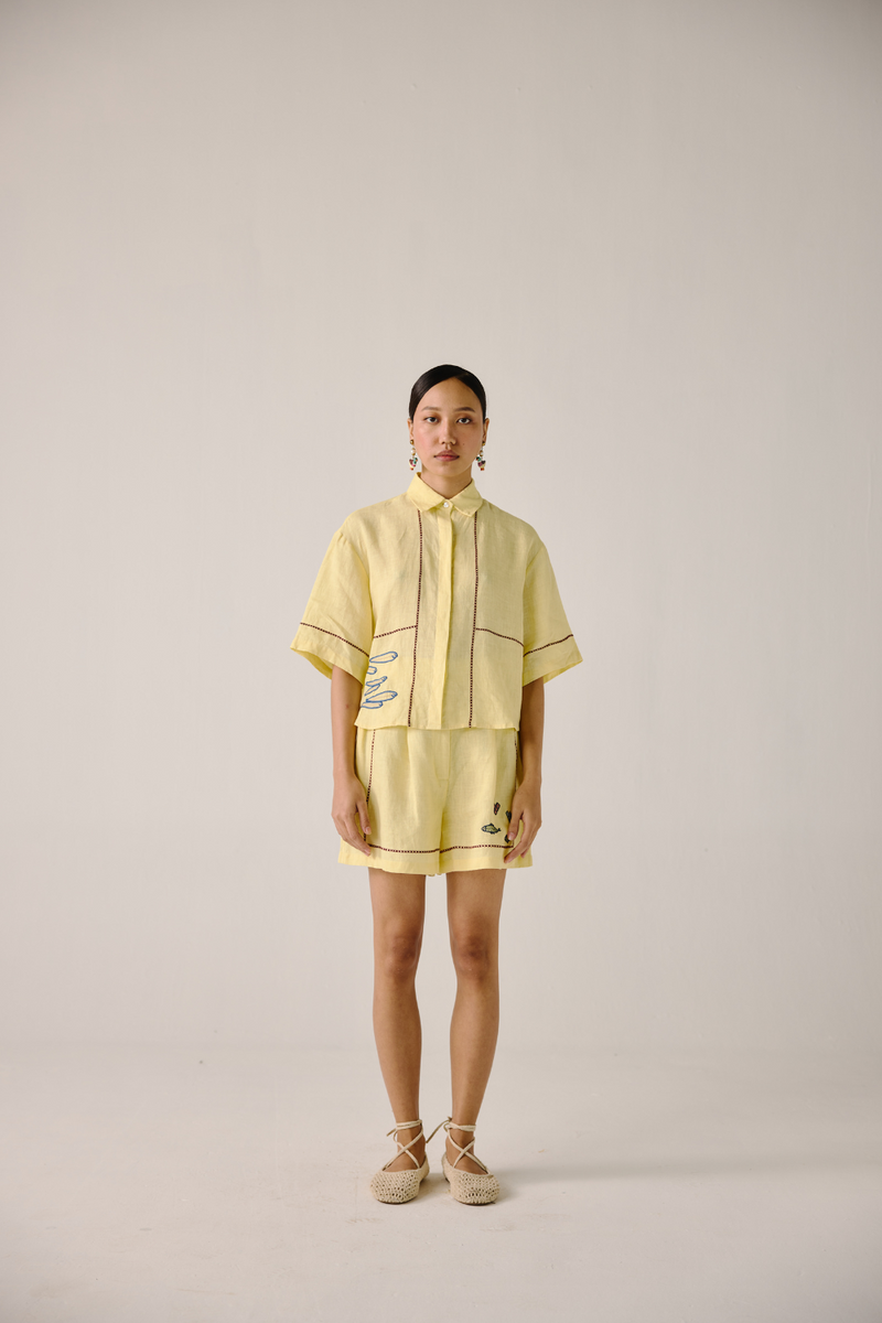 Leo Set - Butter Yellow Fish Embroidery linen by CORD in yellow for women in Singapore