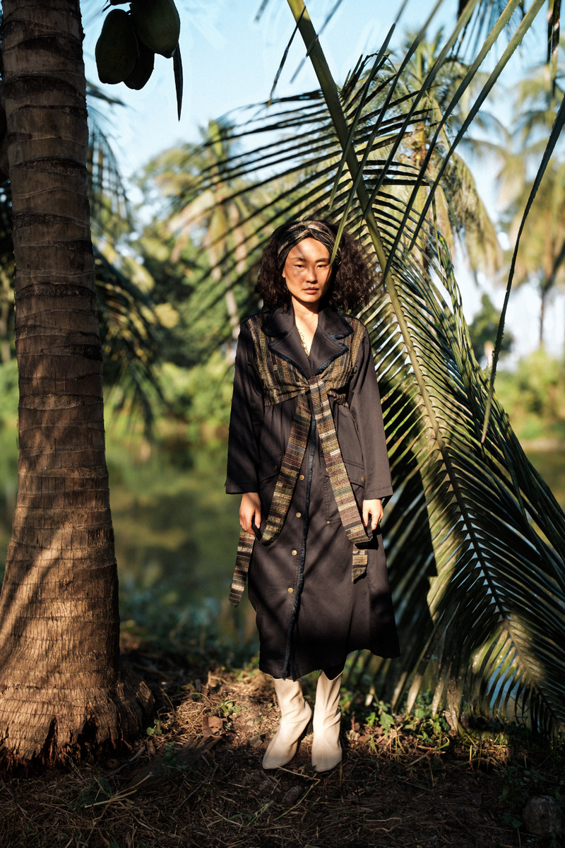 Upcycled Copenhagen Trench - Black Green cotton by The Terra Tribe in green color for women in Singapore