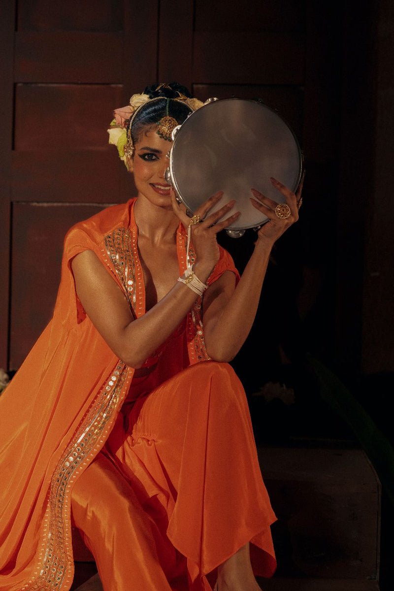 Mangala Blouse Skirt & Cape Set- Orange