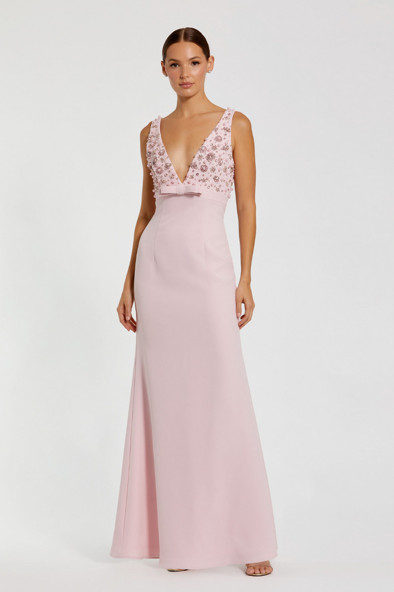 2278-V Neck Gown With Bow-Blush by Mac Duggal in blush color for women in Singapore