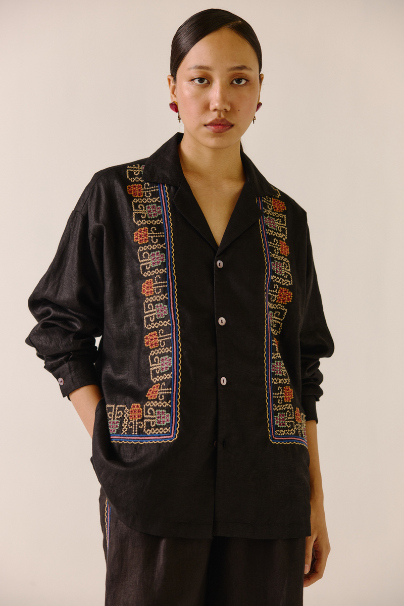 Unisex Shirt (full sleeve) - Black (cross-stitched embroidery) linen by CORD in black for women in Singapore