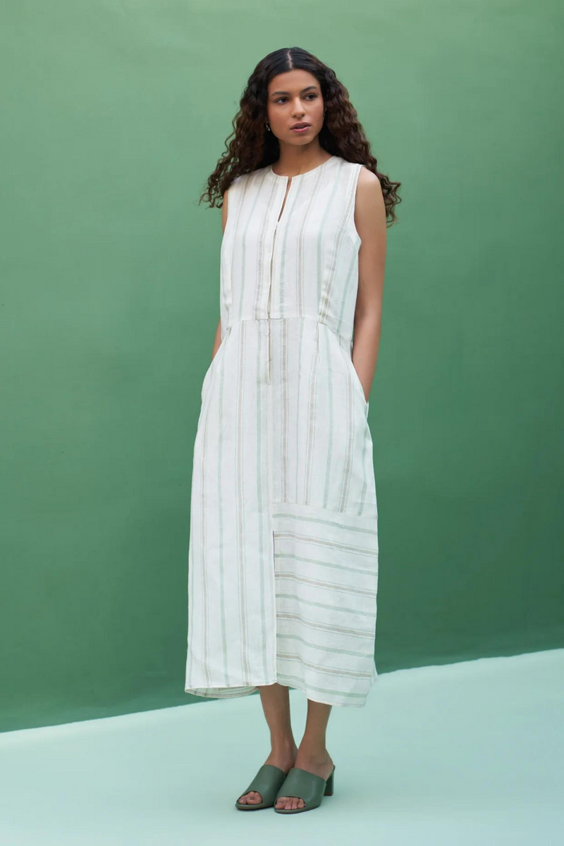 Una Striped Linen Sleeveless Dress
- Mint linen by Manan in mint color for women in Singapore