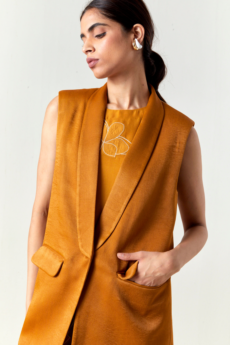 COLLARED WAIST COAT CO-ORD-OCHRE satin by THREE for women in Singapore