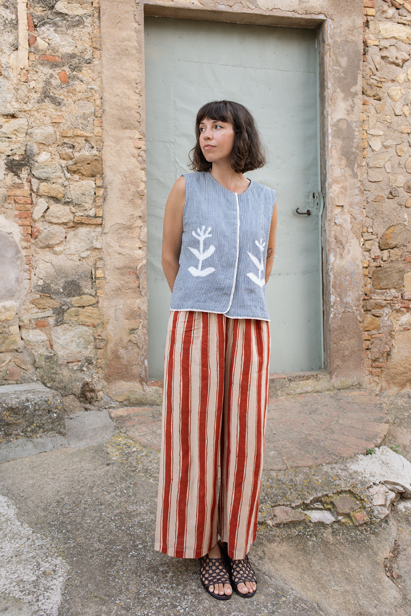 Zebra Stroll Pants-Red Stripes handwoven cotton pant/trouser by World of Crow in multicolor for women in Singapore