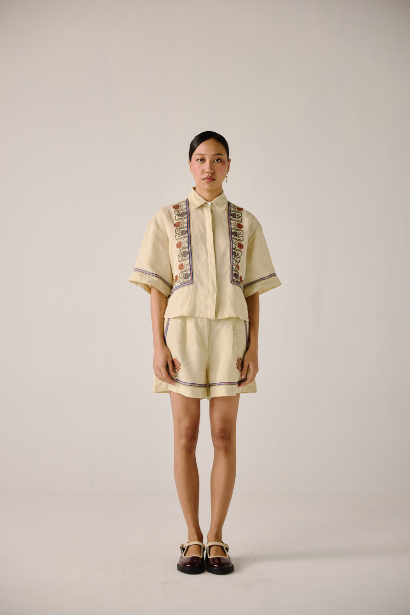 Leo Set - Ivory Cross Stitch Emb. linen by CORD in ivory for women in Singapore