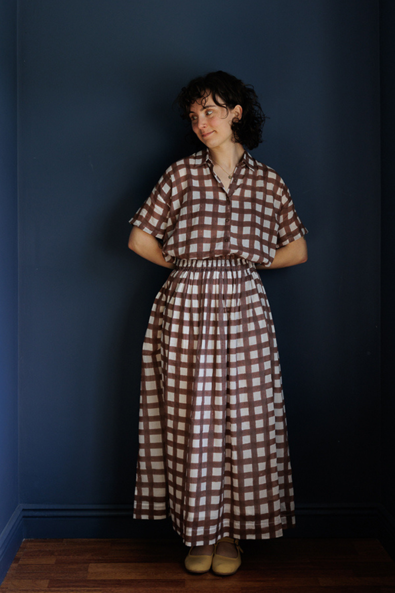 Oxford Skirt-Brown Checks handwoven cotton skirt by World of Crow in multicolor for women in Singapore