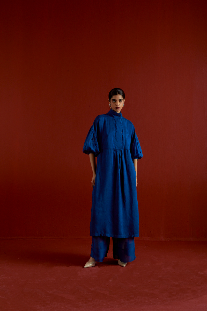 TURTLE NECK TUNIC CO-ORD-ELECTRIC BLUE silk by THREE in blue color for women in Singapore