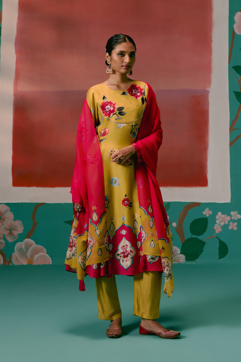 Mustard & Pink Floral Anarkali Set Buy Mustard & Pink Floral Anarkali Set from C&W | Kurta/Kurta Sets for Women by Label Mogra in pink color for women in Singapore